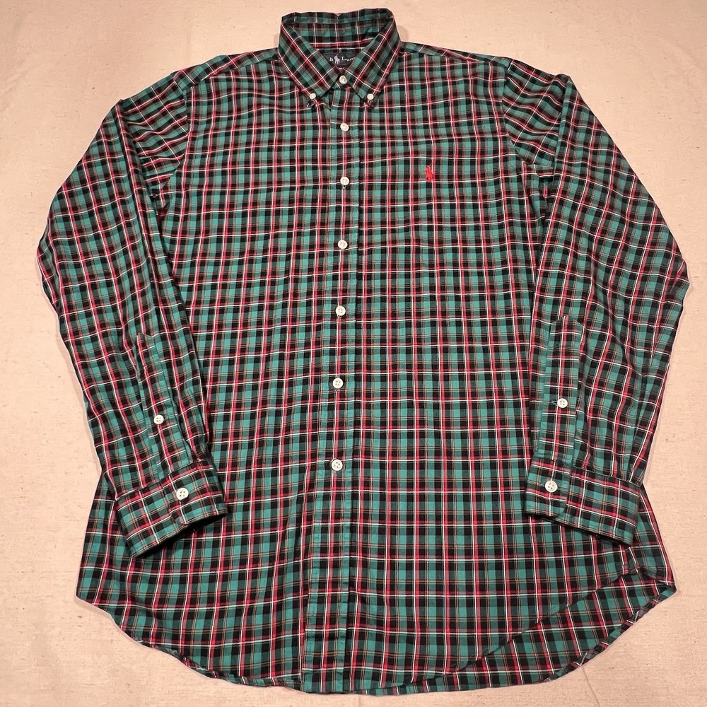 Ralph Lauren Mens Medium Blueish Green Button Up Shirt Windowpane Plaid Red Pony - Picture 2 of 11